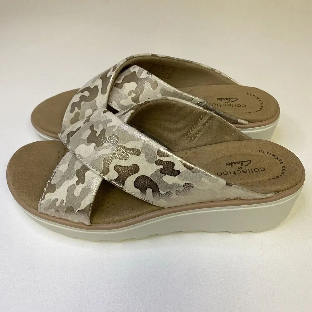 Clarks Collection Jillian Wedge Slides Criss Cross Sandals Tan Gold Camo Size 6